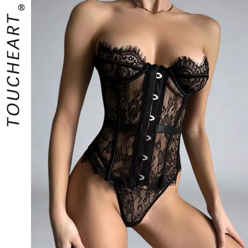

Toucheart Erotic Lingerie Lace Floral See-through Body Shaping Fishbone Girdle Women Sexy Pure Desire Intimate Hot Underwear Set
