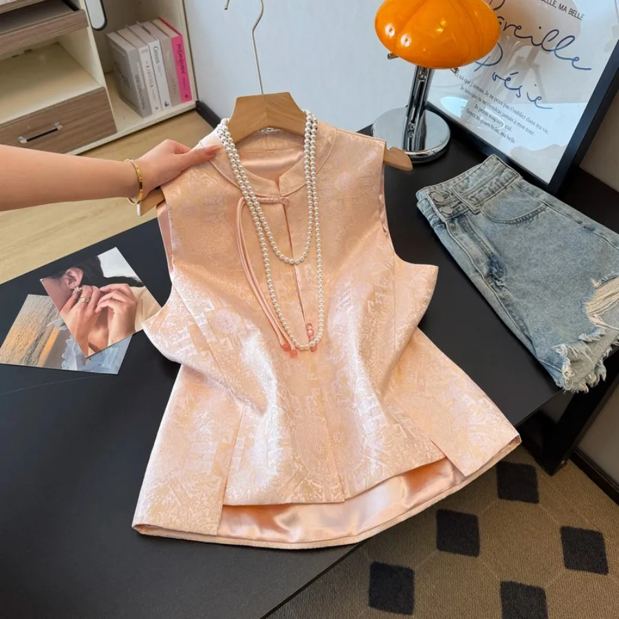 New Chinese Style Handmade Button up Small Stand Collar High End Embroidered Satin Vest Top Outerwear Women's Fashion