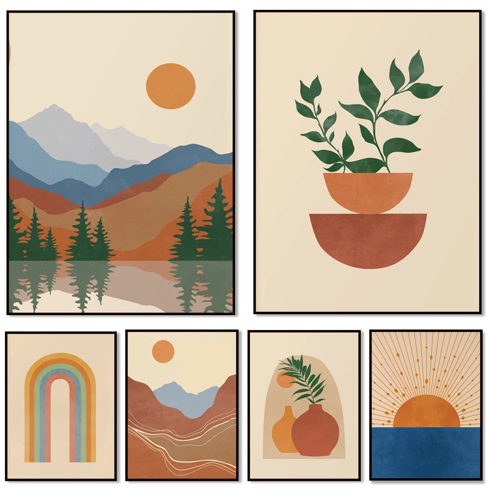 Bohemian gallery wall 6 prints, abstract bohemian printable wall art, terracotta navy mustard print, mid-century modern decorati