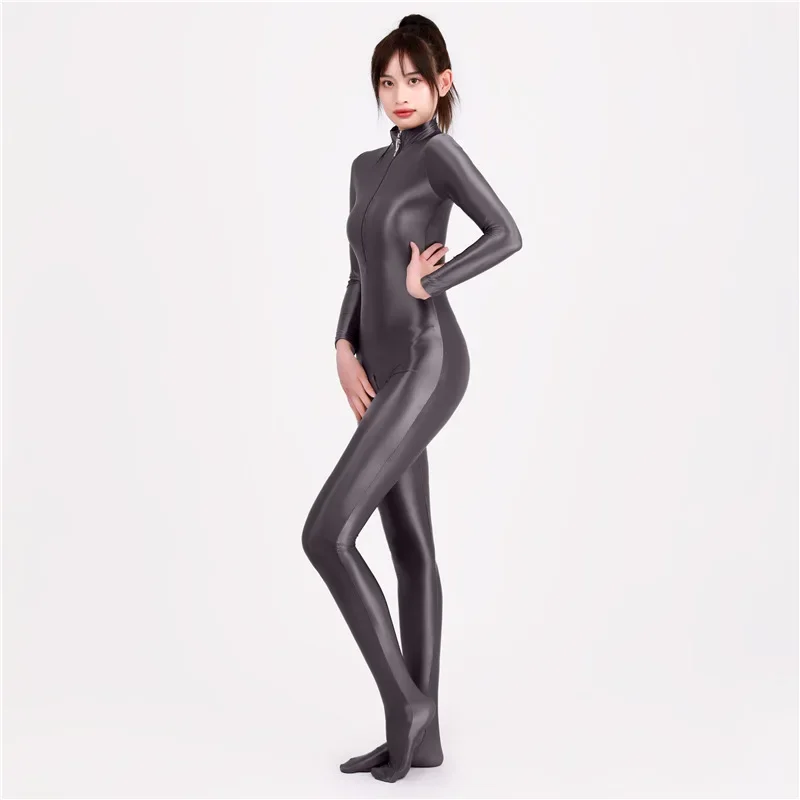 Women Sexy Jumpsuit Zipper Open Crotch Bodystocking High Elasticity Shiny Tights Silky See-Through Underwear Pantyhose