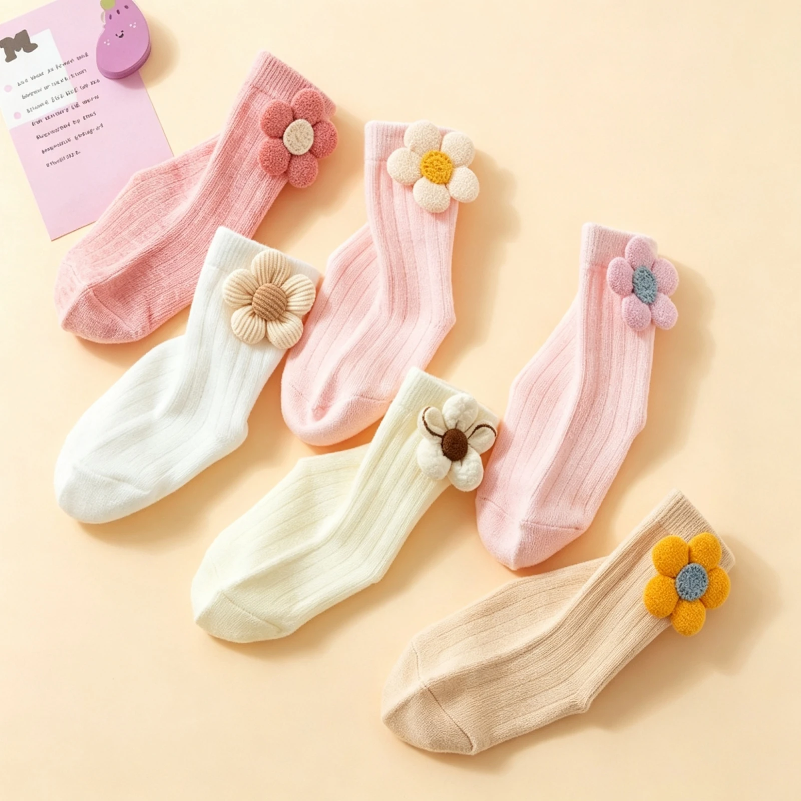 Toddler Baby Girls Crew Socks Soft Breathable 3D Cartoon Flowers Walking Socks for 0-3Years