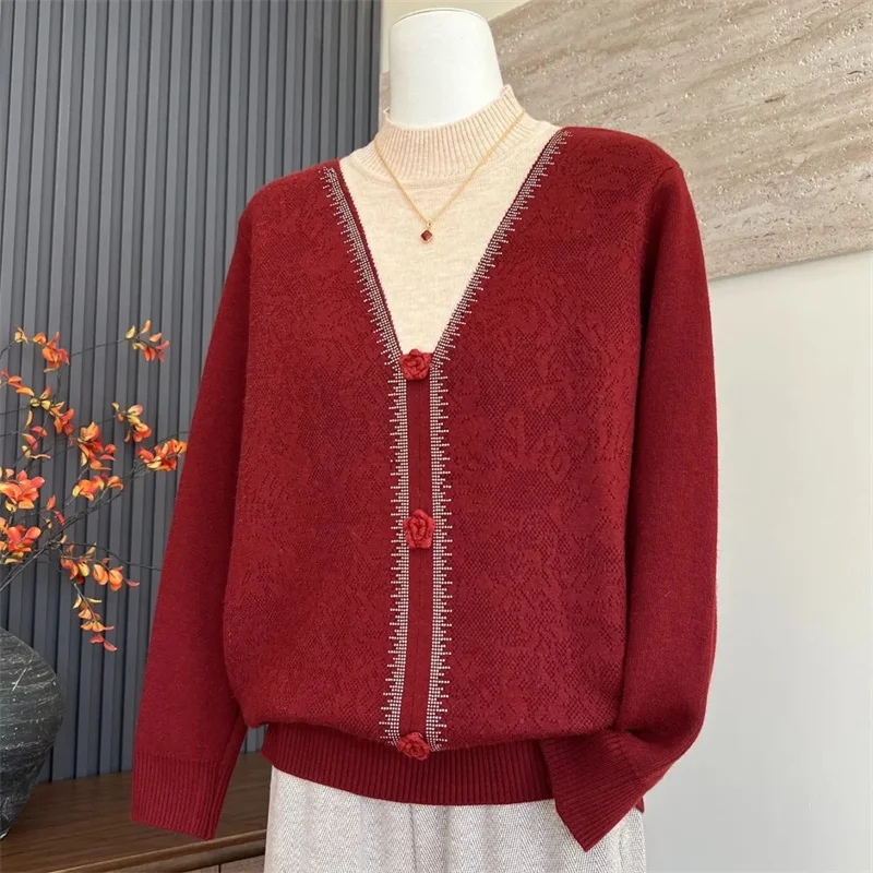 

Осенний женский свитер большого размера 6XL, корейский стиль, с воротником-стойкой, вязаный, для женщин среднего возраста, с элементами пэчворк, пуловер