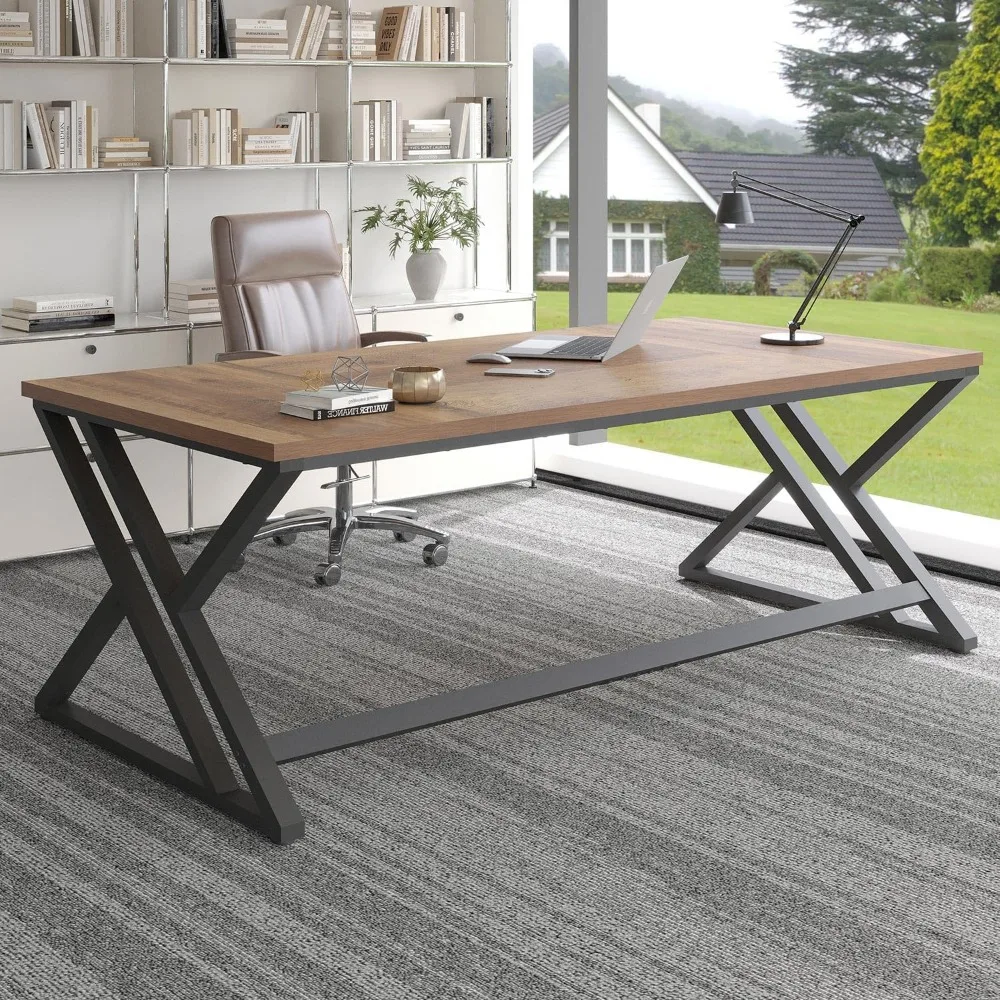 

Большой компьютерный стол в деревенском стиле, удлиненный промышленный стол для домашнего офиса, компьютерный стол для письменных работ из дерева для ПК, фермерский дом W