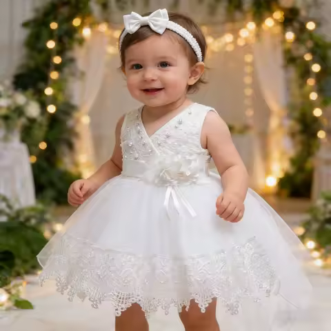 Baby Girl 1st Birthday Baptismal Wedding Dress Princess Dress With Headband Elegant Girls Party Dresses Infant Lace Evening Gown
