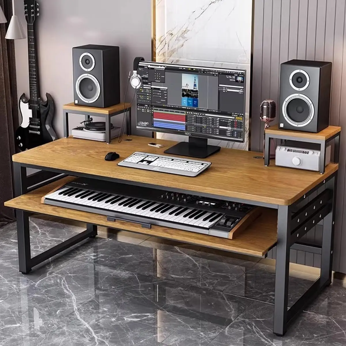 Music Production Studio Desk, Multi-layer Computer Workstation with MIDI Keyboard Stand, Wooden and Metal Frame