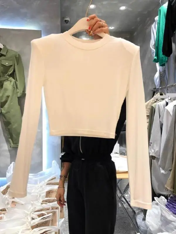 

Женская базовая футболка с длинным рукавом, облегающая, с высокой талией, с подплечниками, в корейском стиле, из смесового хлопка, зимний топ