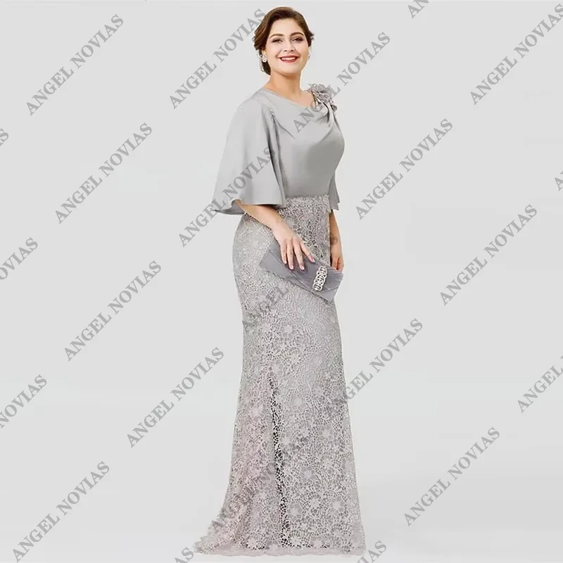 Customized Mermaid Mother of The Bride Dress Jewel Neck 3/4 Sleeve Mesh Lace Wedding Guest Gowns Plus Size Evening Dress