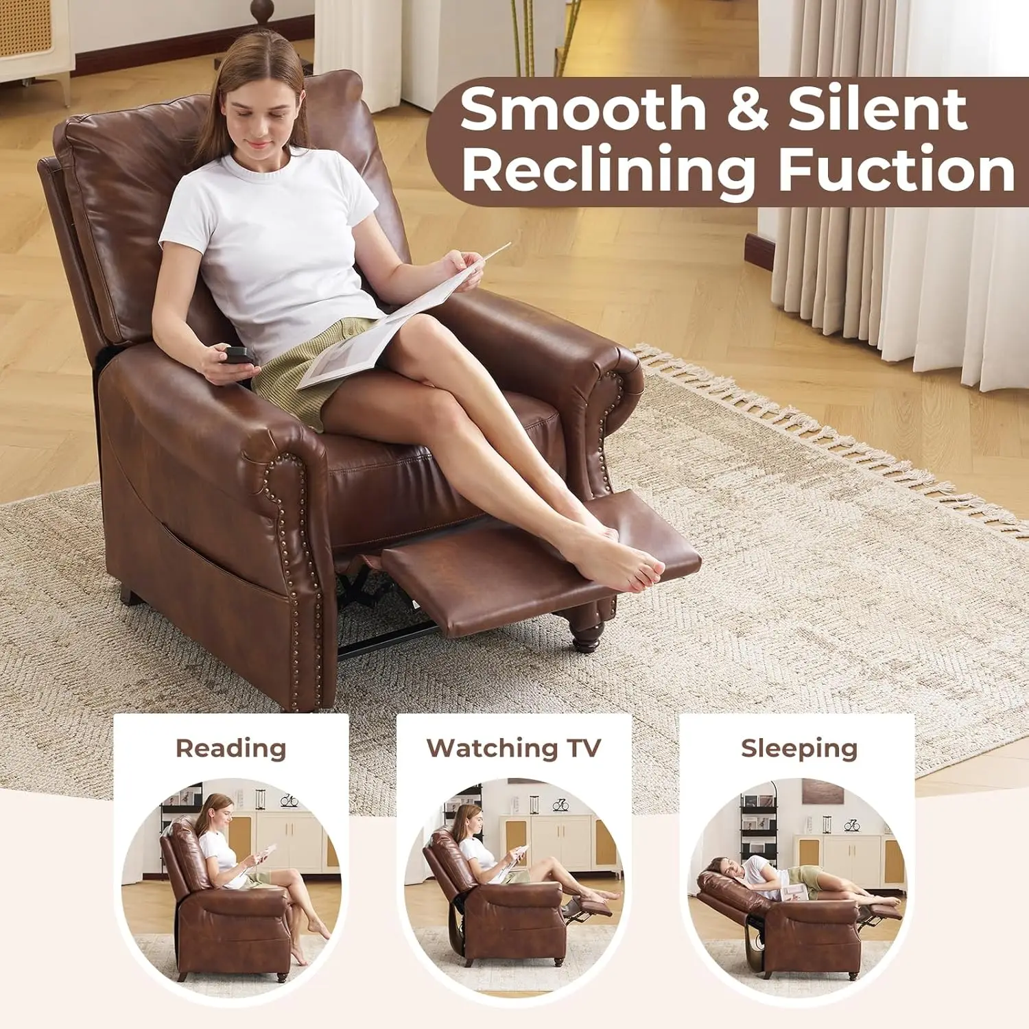 Massage Heated Pushback Recliner Chair Breathable Leather Overstuffed Backrest Rivet Accent Single Sofa for Living Room