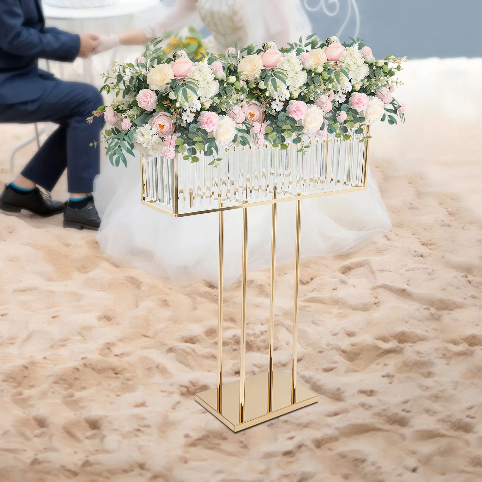 

Crystal Flower Stand, Square Gold Wedding Flower Stand, Crystal Plant Stand for Wedding Party, Home Decor, Cafe, Hotel, Durable