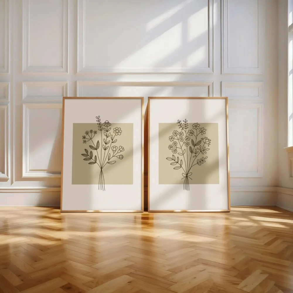 2PCS Large-sized frameless canvas paintings,2 Frameless Plant Line Art Prints, Minimum Flower Wall Art, Neutral Beige Flower Ill