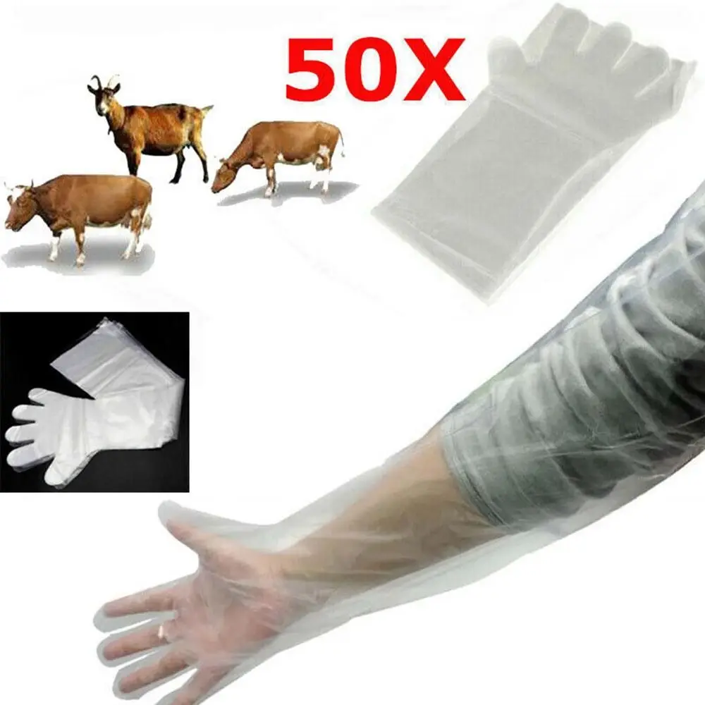 50Pcs Clear Disposable Vet Glove Sturdy Plastic Disposable Farm Glove Veterinary Examination Long Arm Glove Rectal Examination