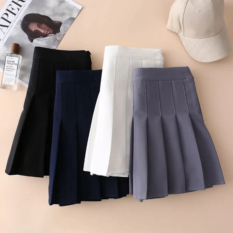 2024 Spring Summer New Pleated Skirt Female High Waist Slim A-line Skirts Female Solid Color Large Size Short Mini Skirts