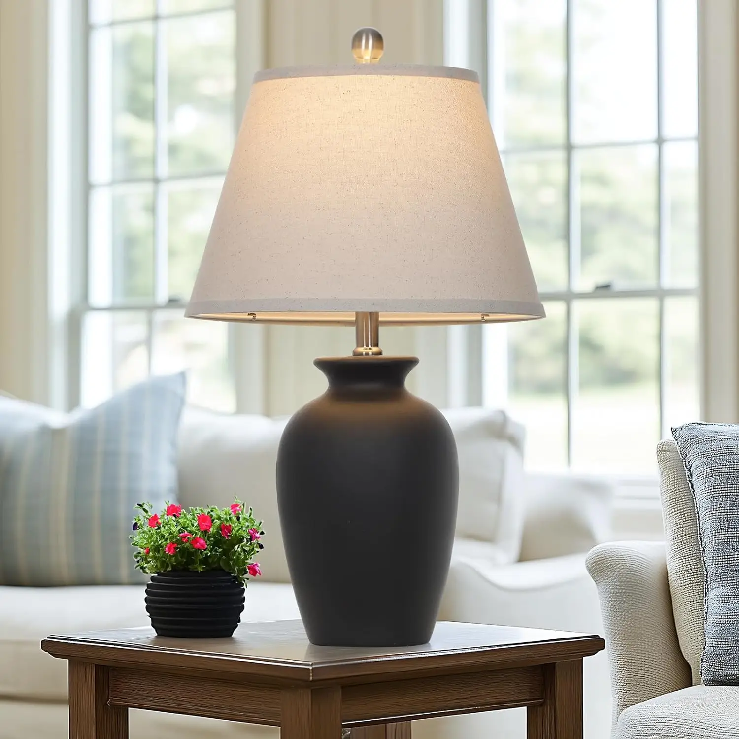 Lampada da tavolo da fattoria in ceramica nera da 22' con design in barattolo di zenzero - per soggiorno, camera da letto, ufficio, comodino