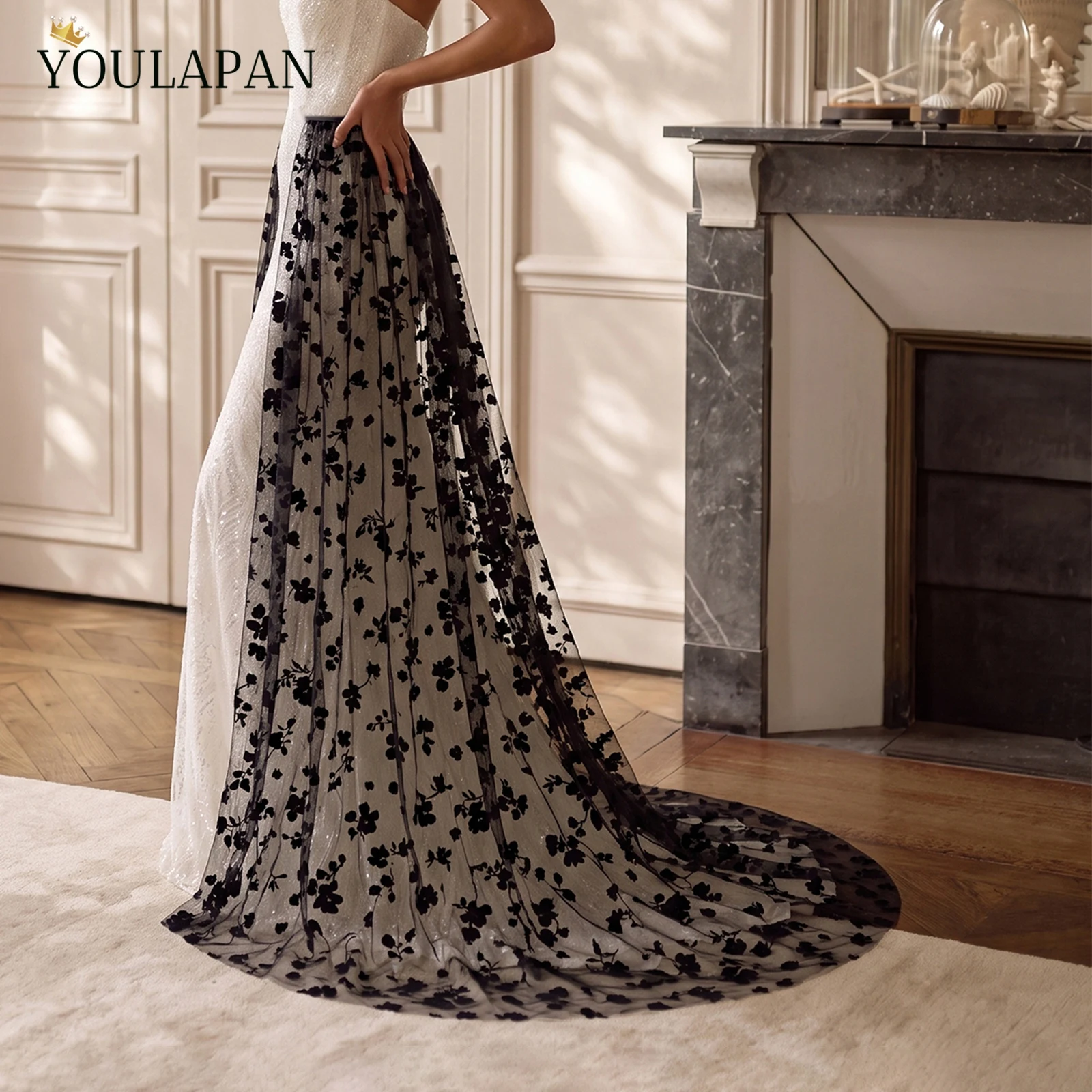 TOPQUEEN Black Flocked Floral Tulle Detachable Over Skirt Formal Skirt Photoshoot Prop Falda Sobrepuesta Con Flores Negras VB21