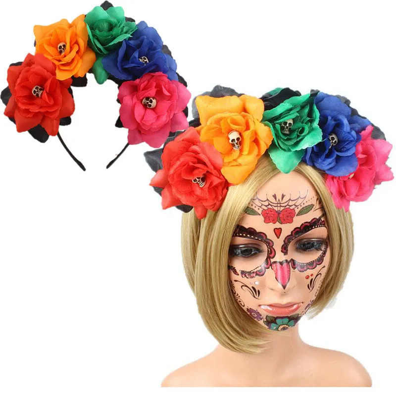 

New Halloween Simulation Colorful Red Peony Flower Headband Mexican Crown Cosplay Day Of The Dead Festive Headpiece