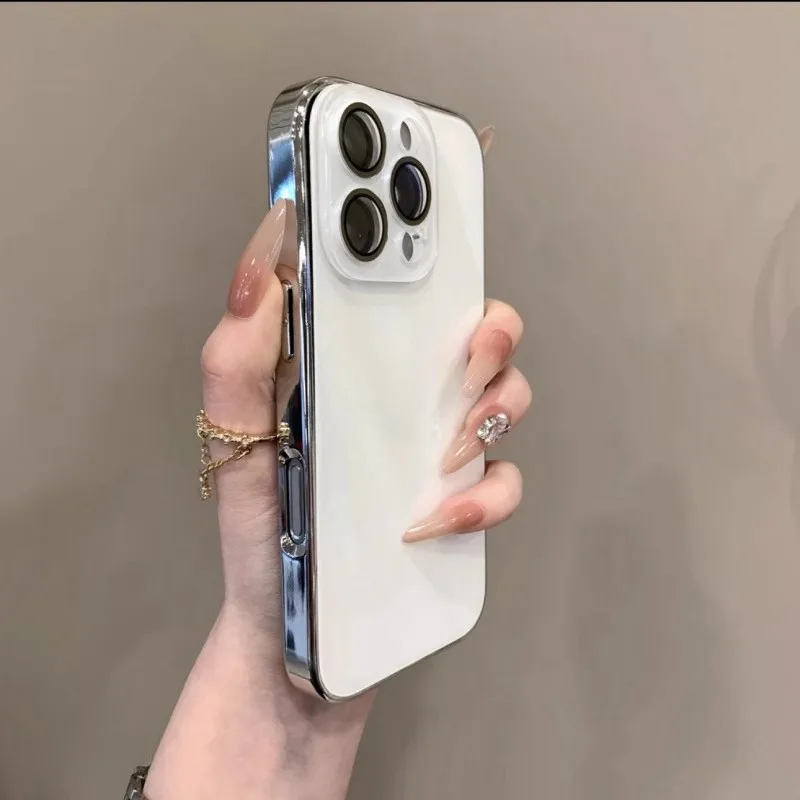 Casing Ponsel Lensa Pelindung Penutup Penuh Kaca Lapis Listrik Kualitas Tinggi untuk 16 15 14 13 12 11 Pro Max Desain Sederhana Antijatuh