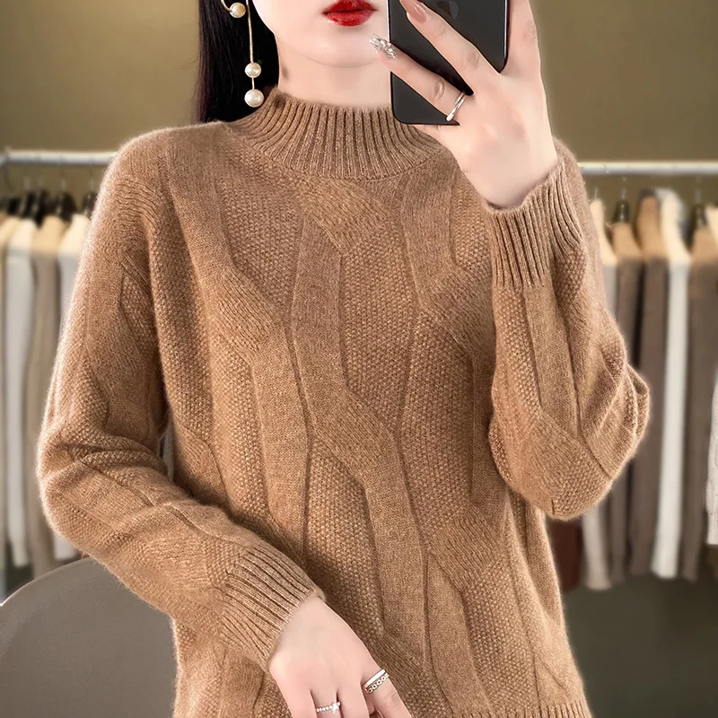 Women\'s Soft Wool Sweater Half-high Collar Twisted Thickened Pullover Autumn Winter Casual Basis Top Cashmere Female Knitwear