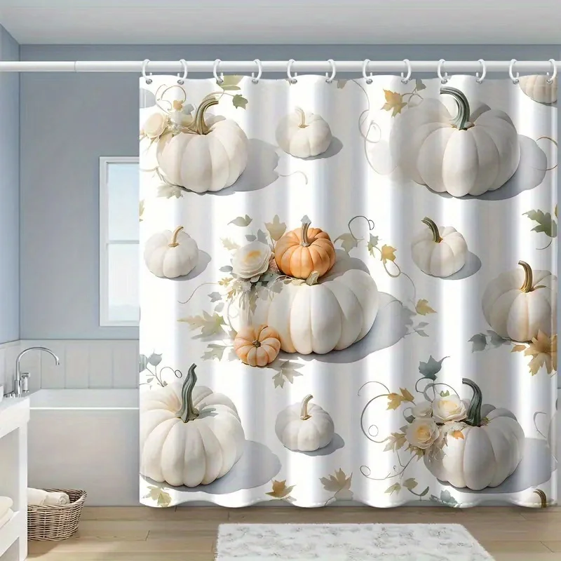 Autumn Pumpkin Shower Curtain 72x72 Polyester Washable – Rustic Floral & Maple Leaves on Cream Background with 12 Hooks