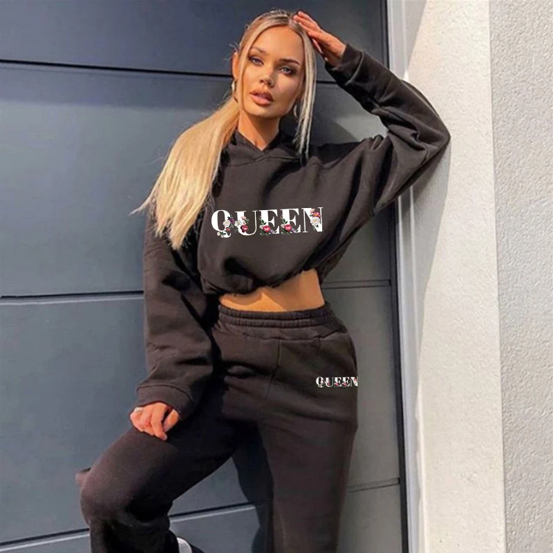 2024 Women 2 Pieces Suit Hooded Print Pullover Tracksuit Set Drawstring Short Sweatshirts Casual Sweatpants Sports Home Clothing