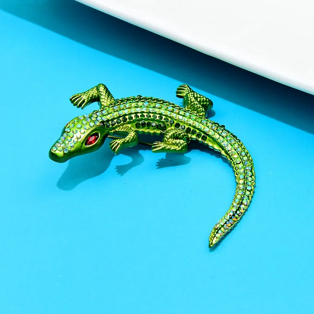 Blucome 2023 New Rhinestone Crocodile Brooch Fashion Small Animal Brooch Retro Large Brooch 3 Colors