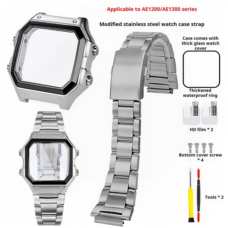 modify Metal Watch case For Casio 3299 AE-1200 AE-1300 Stainless steel bezel Silver Black gold Watchband AE1200 strap Free Tools