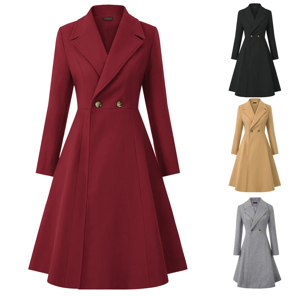 Curlbiuty Women's Fashionable Wool Blends Trench Classic Coat Overcoat Elegant Long Sleeve Lapel Collar Sleeve Button Closure