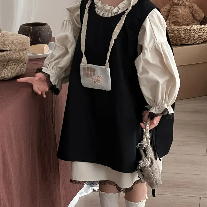 Girls Suits 2024 Autumn New Childrens Clothes Korean Style Girl Baby Retro Dress Lace Skirt Two-piece Set Casual Simple Daily