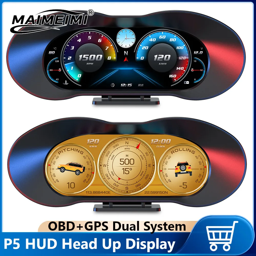 OBD GPS Dual System HUD P5 OBD2 Head Up Display Digital Speedometer Slope Meter on Board Computer RPM Water Temp Turbo Press