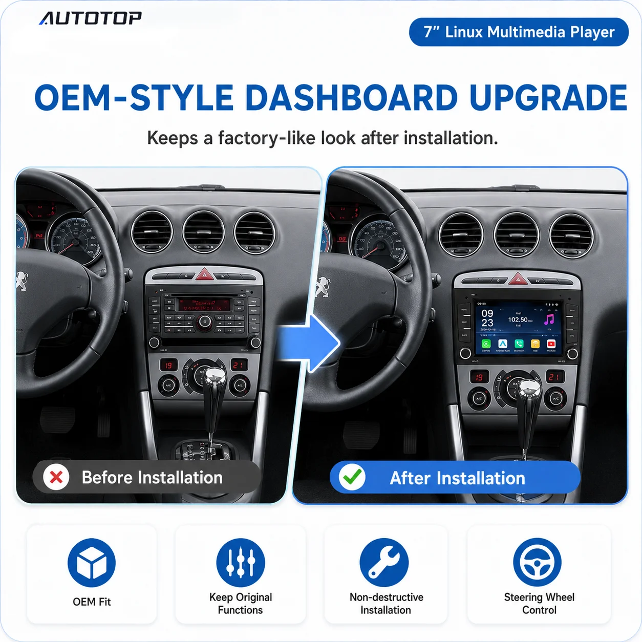 AUTOTOP Autoradio da 7 pollici con sistema Linux, navigatore GPS per Peugeot 308, 308 SW, 308 CC, 408, RCZ, modelli 2007-2013, lettore multimediale per auto con schermo touchscreen, unità principale