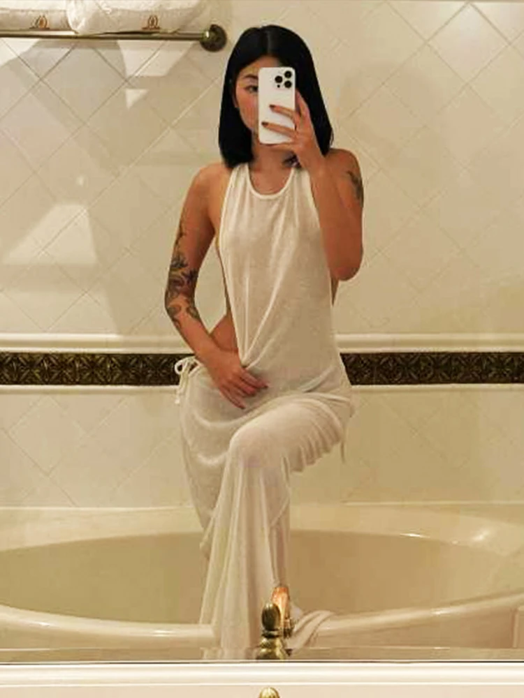 Cutenew – robe fine dos nu pour femmes, fente latérale, col licou, sans taille, à lacets, Sexy, plage, vacances, extensible, Slim, Clubwear, été