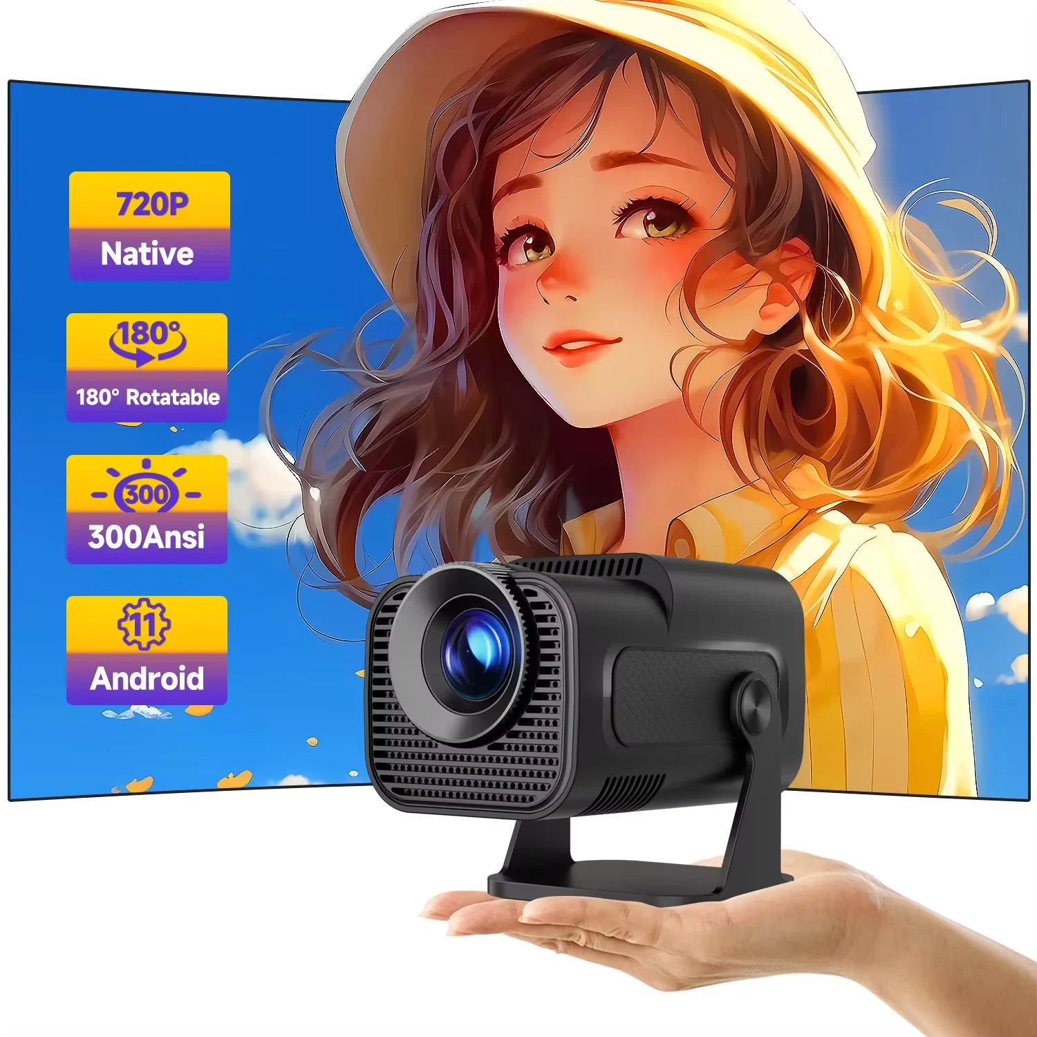 

HY-320Mini Portable Projector 720P Allwinner H713 Android11 4K Projector 320ANSI Wifi6 BT5.0 Cinema Outdoor Rotable Projector