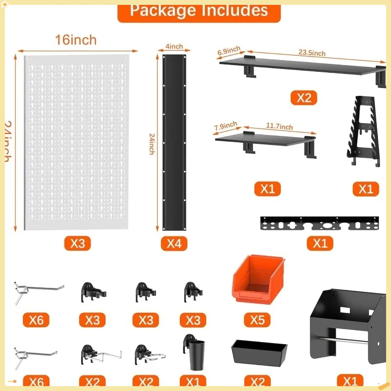 Wall Mounted Tool Organizer 4ft - Metal Pegboard System for Garage Storage with Accessories