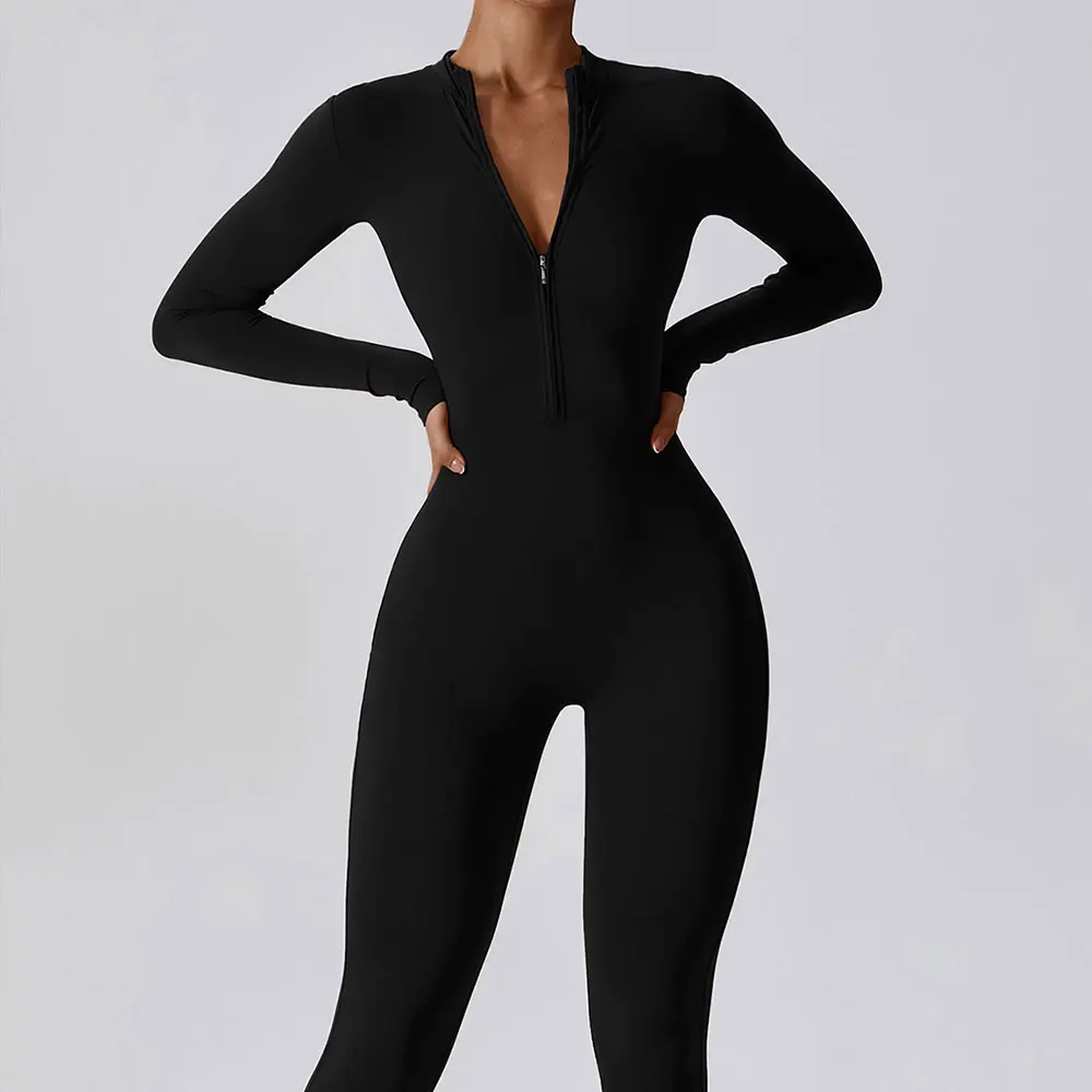 Macacões femininos terno de uma peça com zíper manga comprida conjunto de yoga ginásio push up roupas de treino de fitness bodysuit roupas esportivas