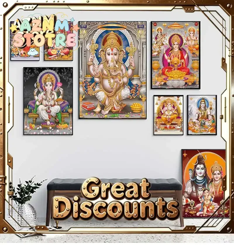 India Hindu Golden Ganesha Temple Poster Shiva Parvati Painting Canvas Prints Elephant God Religion Picture Room Hoom Wall De