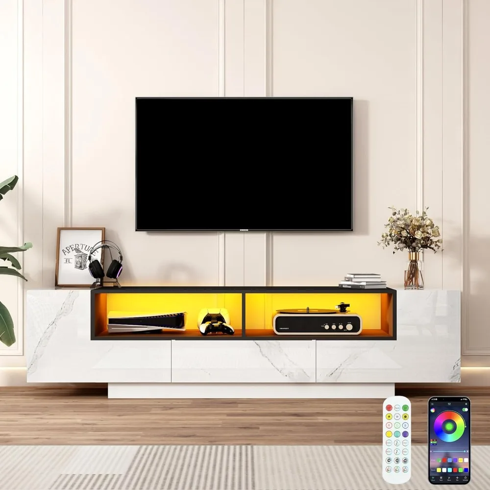 70 Inch Modern TV Stand for 75 Inch TV, High Gloss TV Stand with Music-Sync LED Light, Entertainment Center with Storage