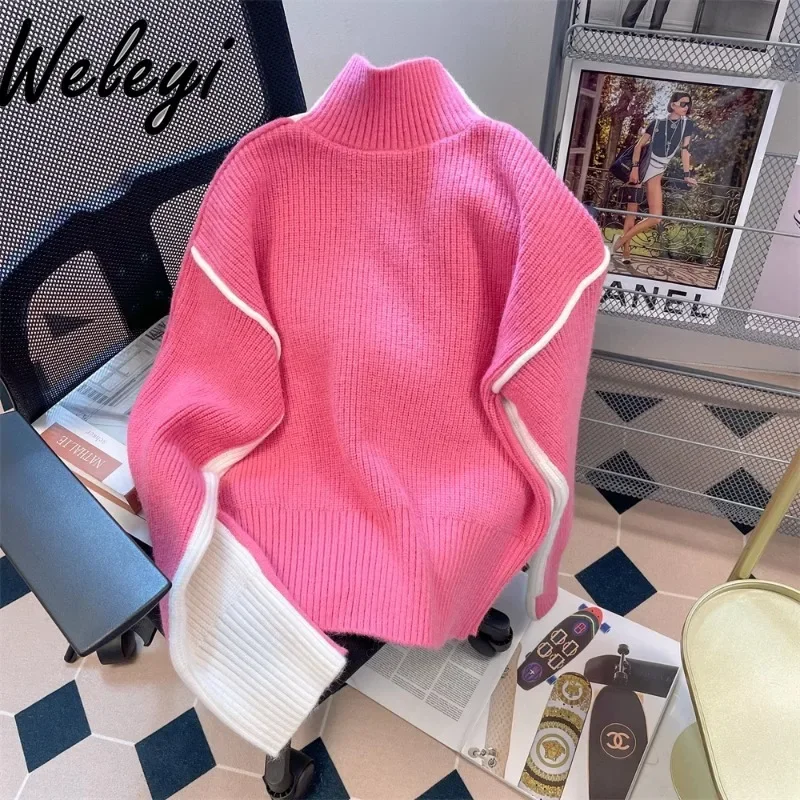 

High Grade Thickened Color Contrast Patchwork Sweaters Women's Thermal Turtleneck Knitted Inner Match Bottoming Pullover Sweater