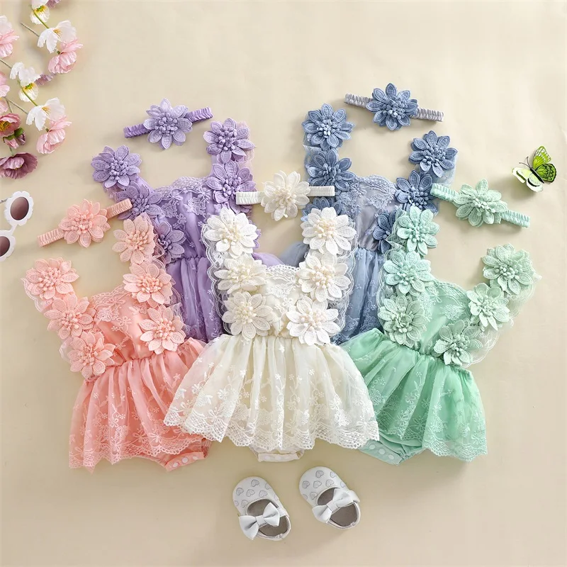 

0-24 Months Newborn Baby Girl Summer Outfit Cute Lace Flower Embroidery Tie-Up Mesh Romper Dress Bow Headband 2 Piece Set