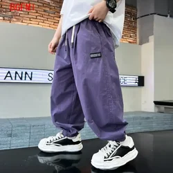 Childrens Purple Casual Trousers Korean Teens Fashion Boys Cargo Pants 2026 Summer New Thin Casual Pants Children Boy Clothes