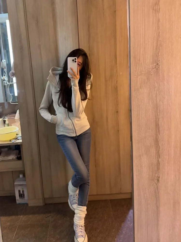 

Retro Waed Deep Blue Slim Fit Women's Jeans Elastici Pencil Nine Point Pants High Waist Cotton Stretch Denim Korean Sle