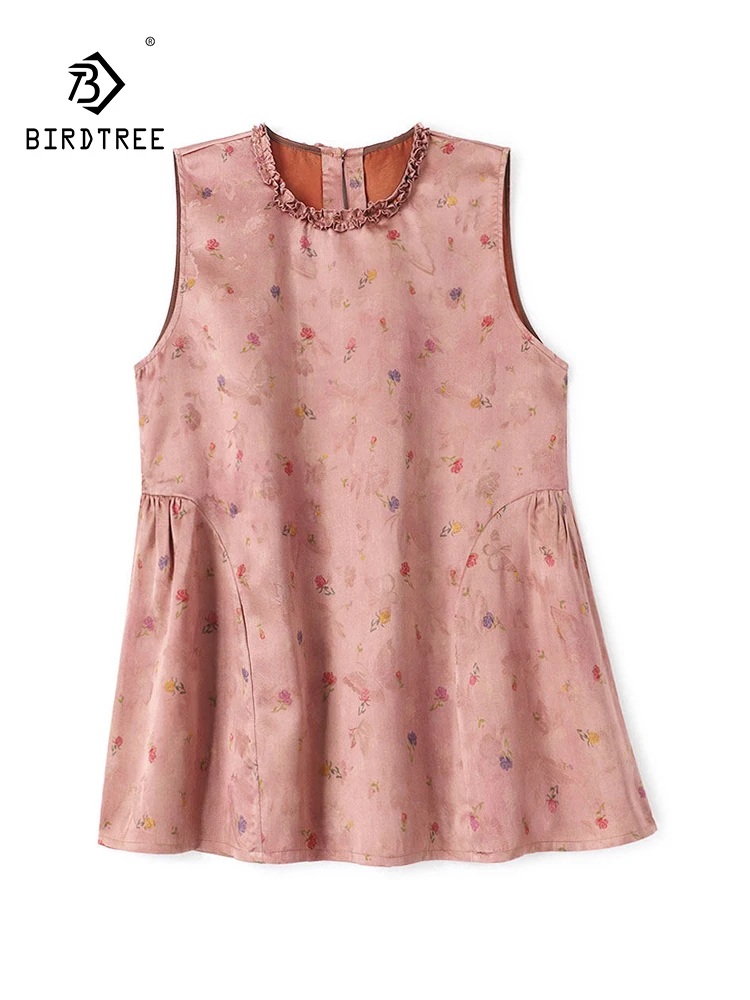 BirdTree-Silk Watered Gauze Elegant Vest, O Neck Jacquard Ruffles, Women Sweet Loose Doll Tank Top, 2026 Summer New T66232CC