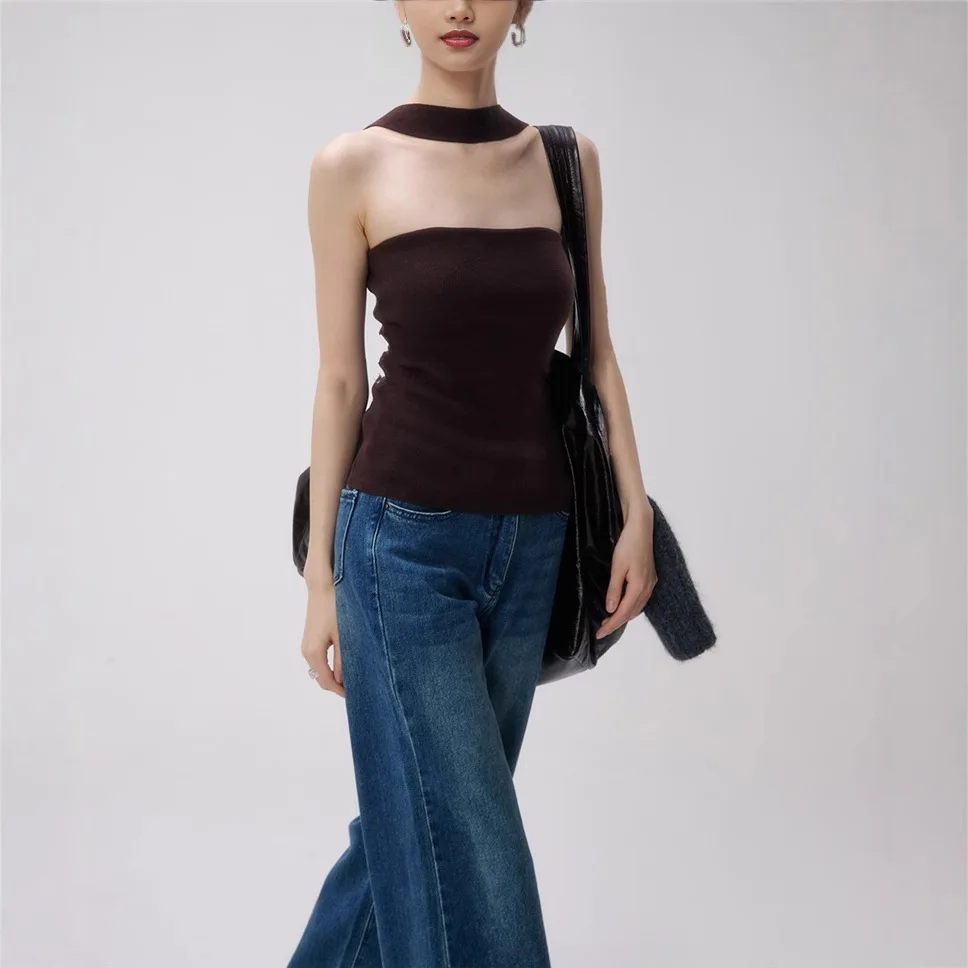 เสื้อกล้ามทรงคอ halter แบบไม่มีสาย รุ่นใหม่สำหรับฤดูร้อน ดีไซน์เรียบหรู ผ้าไหมน้ำแข็ง ช่วยกระชับเอว โชว์หลัง เซ็กซี่