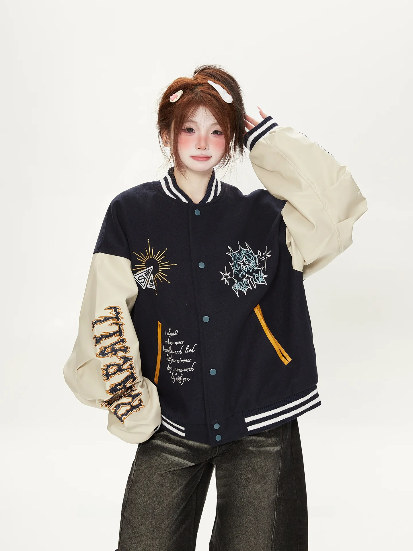 Solto ajuste retalhos bordado beisebol jaet feminino outono couro sve outerwear rua sle adient azul jaet