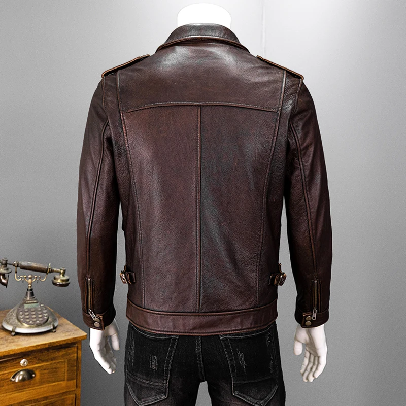 Vintage Red Brown Autumn Leather Jacket Men Safari Style Plus Size 6XL Natuarl Cowhide Four Pockets Genuine Leather Coat