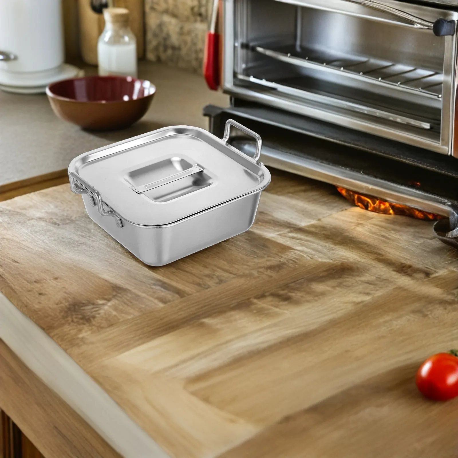 Bandeja Cuadrada de Acero con Doble Asa, Base Plana y Estable, Plato para Aperitivos, Pollo Frito, Papas Fritas, Postres, Tiramisú, Comida para Fiestas