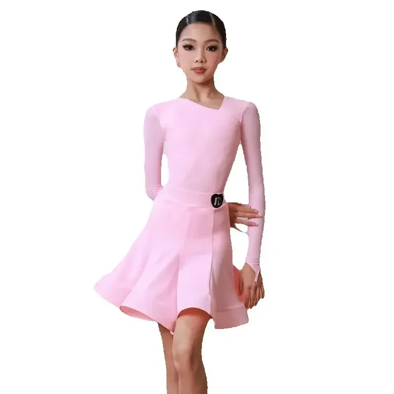 Crianças vestidos de dança profissional meninas rosa mangas compridas dança latina desempenho traje crianças dança de salão wear sl14009
