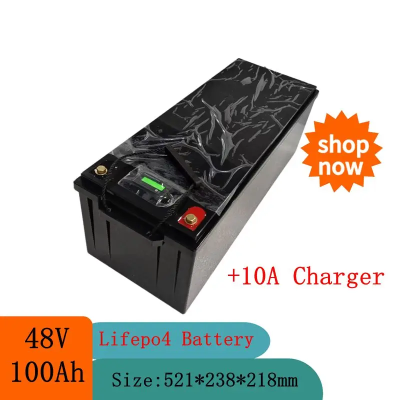 

Литиевая батарея lifepo4 48 В 100 Ач с BMS для трехколесного велосипеда, инвертор тележки для гольфа, скутер для хранения солнечной энергии + зарядное устройство 10 А