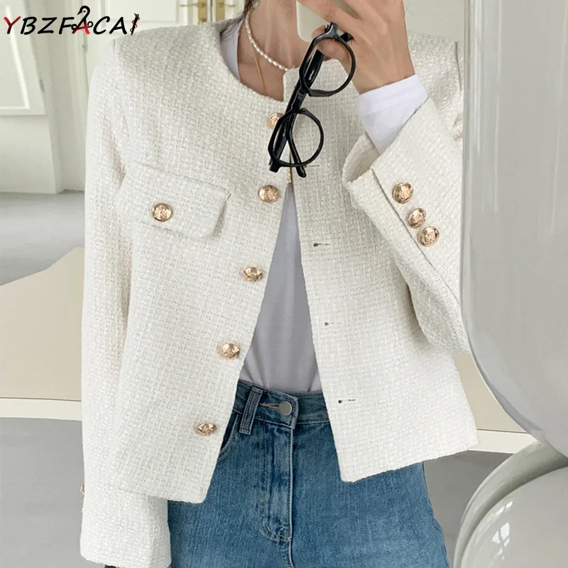 2023 Luxury Jacket White Women\'s Spring Blue Tweed Jacket Green Tweed Jacket Black Short Coat Metal Single Breasted Cropped Top