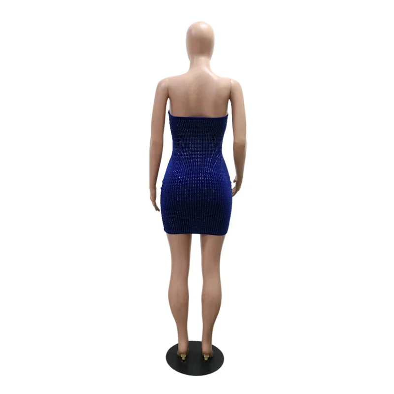 Mulheres 2024 novo sem alças sem alças perfuração quente sexy bodycon mini vestido de festa strass glitter magro noite clube vestido prata