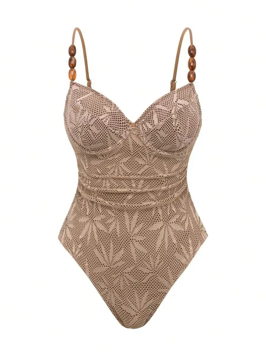 

Beige Floral Crochet One-Piece Swimsuit With Wooden Bead Adjustable Straps And High-Waist Wrap Skirt Cover-Up Set For Summer