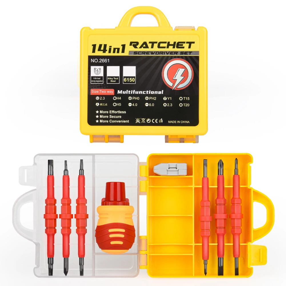 Insulated Ratchet Screwdriver Slotted -Phillips Screw Driver Bits Kit With Tester Pen Electricians Hand Tools